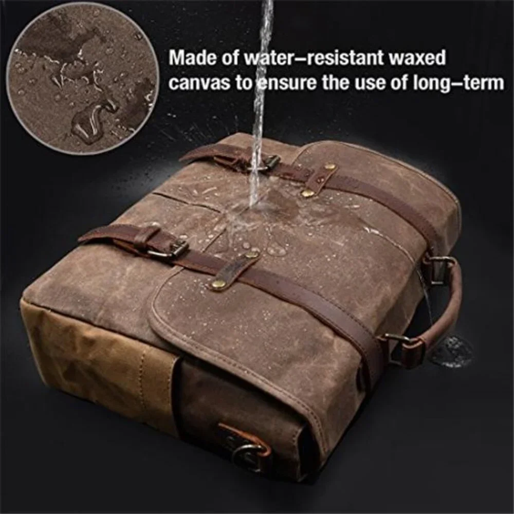 Mens Messenger Bag 15.6 Inch Waterproof Vintage Genuine Leather Waxed Canvas